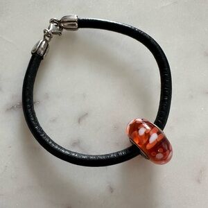 Retired Pandora Leather Bracelet Large Glass and Sterling Bead Charm ALE 925